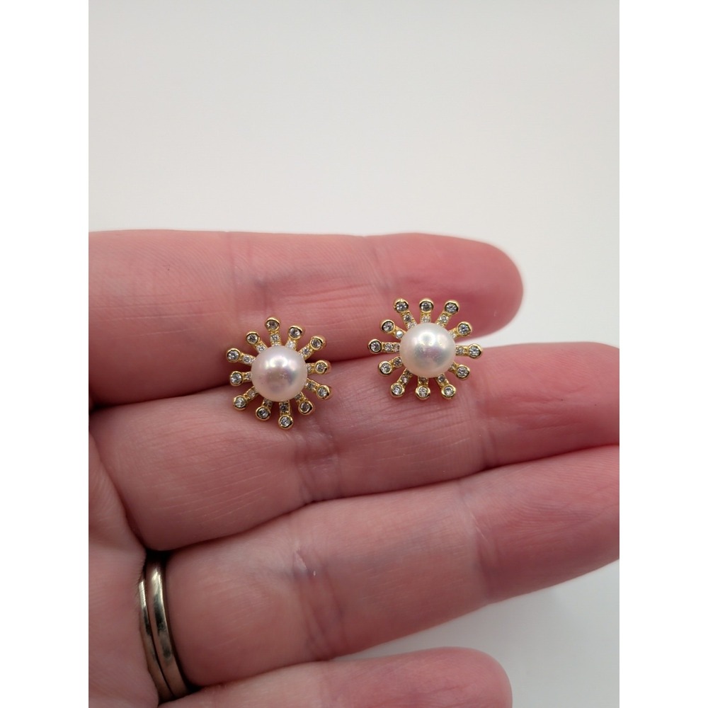 Natural Pearl Sterling Silver‎ Starburst Earrings With Gold Plating - Picture 2 of 3
